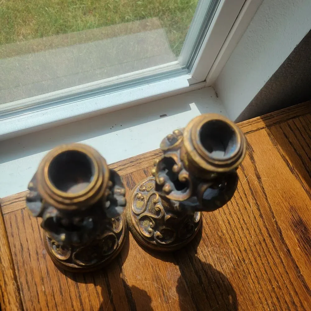 Ornate Candle Scroll Holder Gold Tone  Beige Resin 8 Inches Tall Par Lot Of 2 VG
